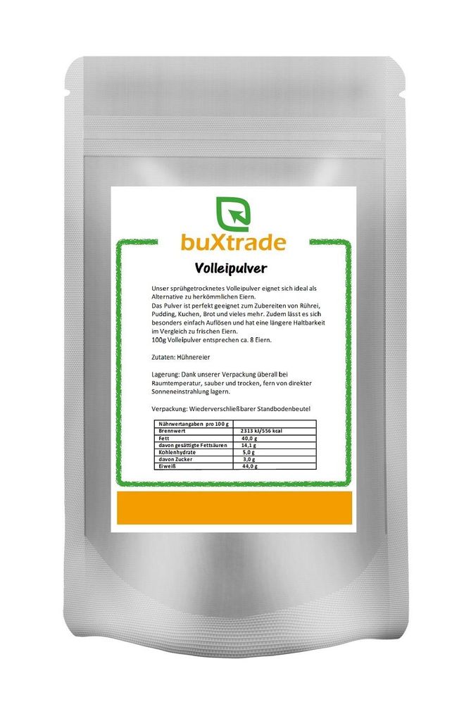 A pouch of powdered egg product with nutritional information and branding.