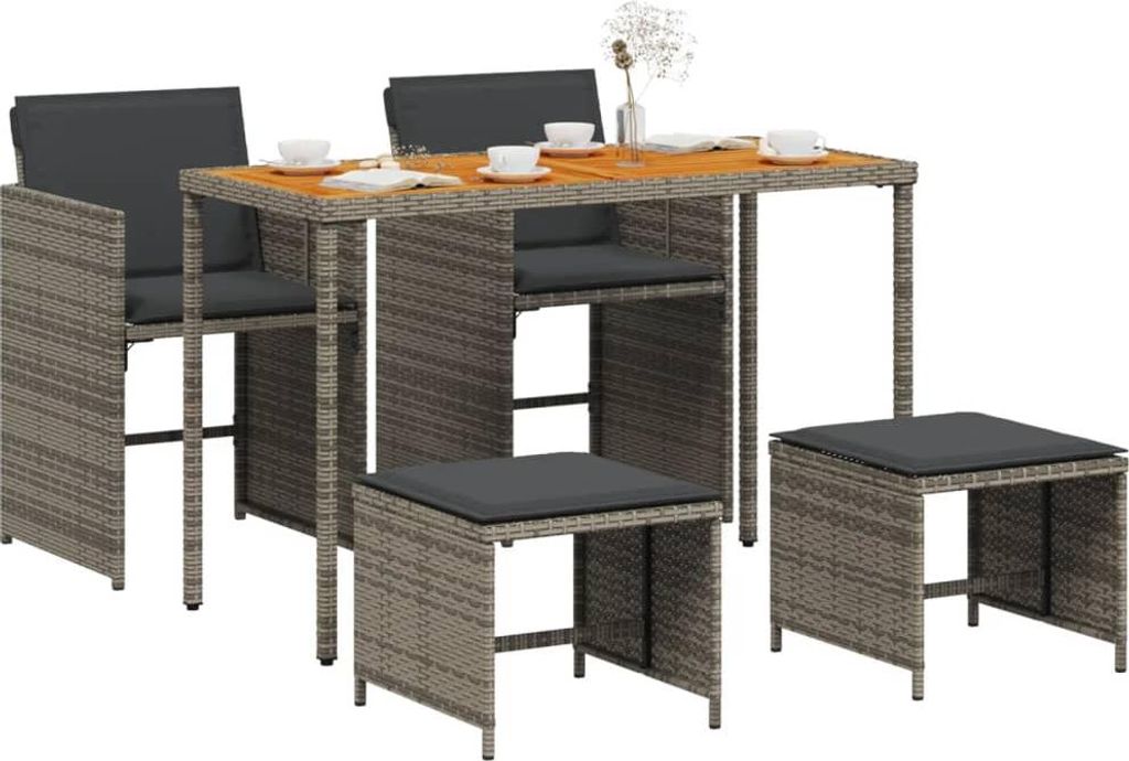 Cloris Designermöbel 5-tlg. Garten-Essgruppe mit Kissen Grau Poly Rattan - 2026Neu285536 - Gartenlounge-Set, Gartenmöbelset, Sitzgruppe