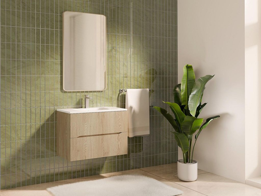 Gestreifter Hängeschrank für Badezimmer - Hell natur - L80 cm - ORISO