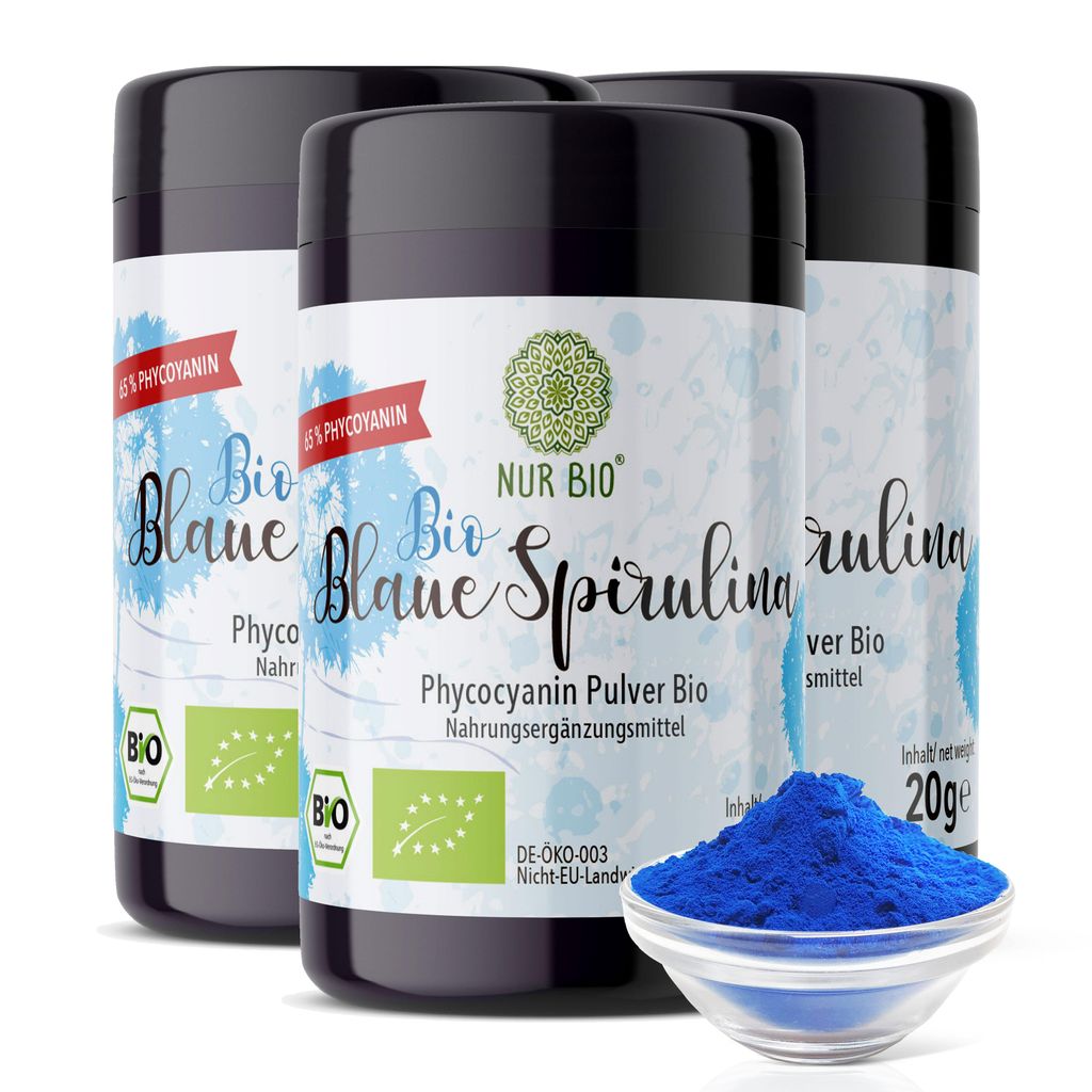 NUR BIO Blue Spirulina Bio 3x 20 g Set, mit 65% Phycocyanin, vitaminreiche Nahrungsergänzung und natürliche Lebensmittelfarbe blau, Mikronährs...