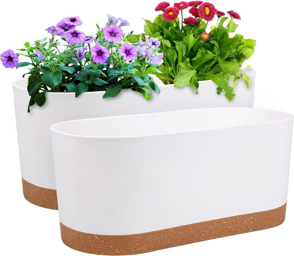 2 Stück Fensterkästen 16 "x 7" selbstbewässernde Töpfe mit Abflusslöchern und Schalen - Weiß