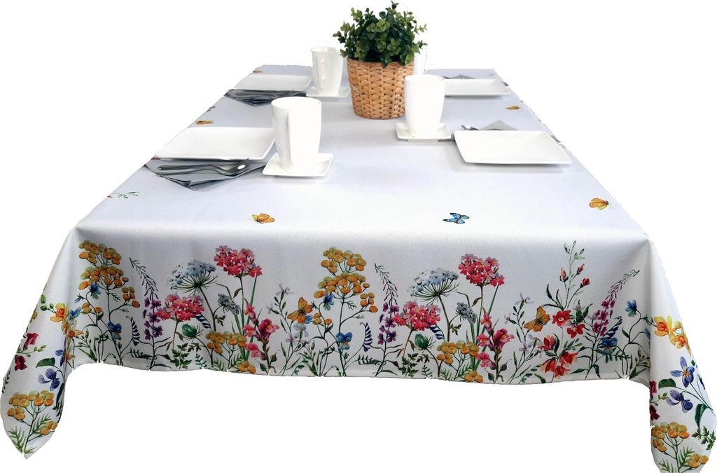 Tischdecke Weiß mit bunten Blumen 130x180 Fleckenabweisende Tischdecke Lebendige Farben