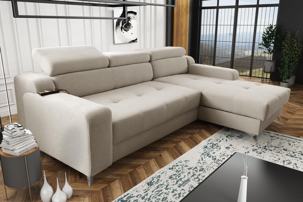 Chilly Victoria Premium Ecksofa 266x175 cm – Schlaffunktion 92x220 cm, Bettkasten & verstellbare Kopfstützen, Stoff Massimo 401