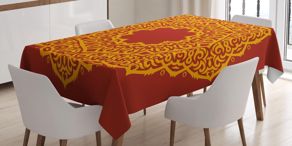 ABAKUHAUS Mandala Tischdecke, Aztec Aufwändige Gemälde Indigenes Ethnic Hippie Archaic Einflüsse, 140 x 240 cm, Dunkelgelb und Paprika