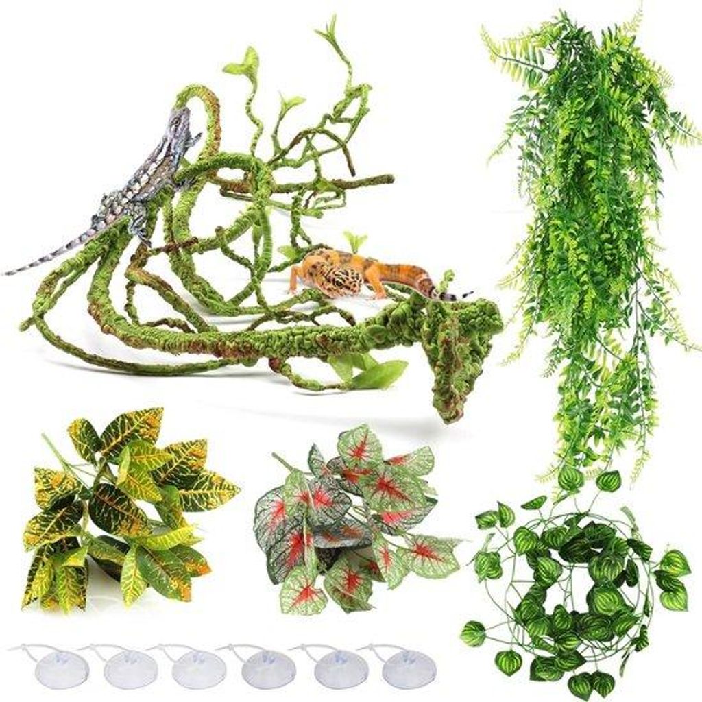 Terrarium-Ornament: große Pflanzen-Ornament mit Weinreben und Kunstpflanzen - dekorative Zweig für Echsen, Klettern, Chamäleon, Gecko und Schlangen