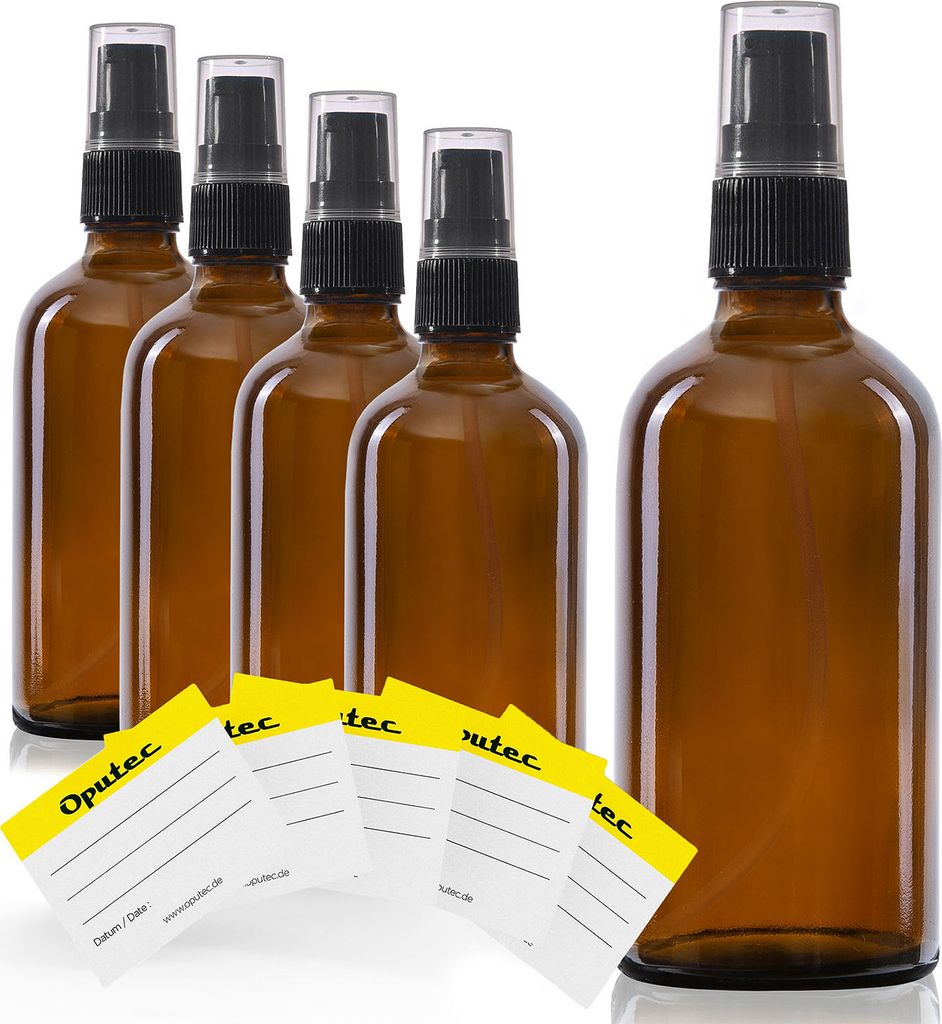 Oputec 5 x 100 ml Reise-Pumpspender Pumpflaschen aus Braunglas + 5 Etiketten - Kleine Flaschen Cremespender Lotionspender zum Befüllen