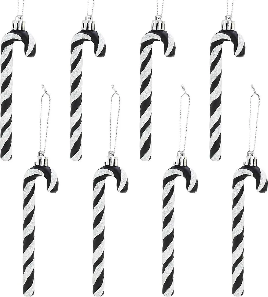 Cannes à Sucre Noël Noires 14cm : Ornement Incassable et Chic - Lot de 8