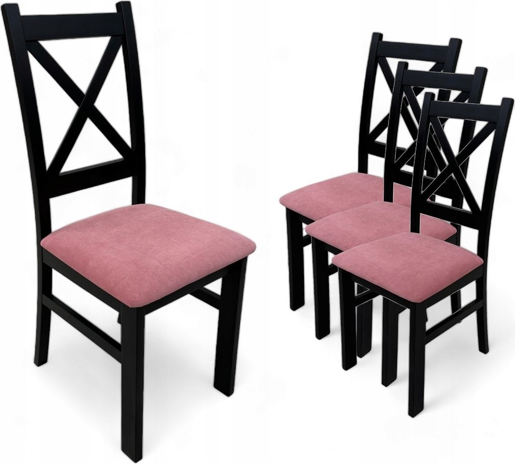 4x gepolsterter Holzstuhl Schwarz + Velvet Powder Pink