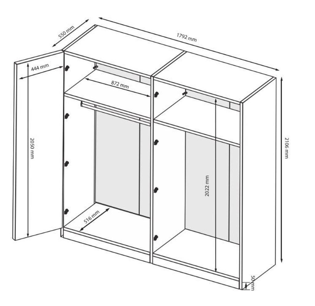 4‐türiger Kleiderschrank Weiß Hochglanz mit Spiegel – 1920 × 2130 × 595 mm