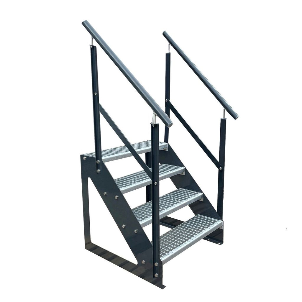 Gitterrost Stahl Freistehende Treppe 4 Stufen Verzinkt & Anthrazit Pulverlackierte Seiten + beidseitigem Geländer - (L x B x H) 82cm x 120cm x 76cm