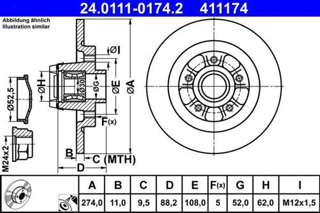 Disque de frein ATE 24.0111-0174.2 pour Kangoo OE 8200381148