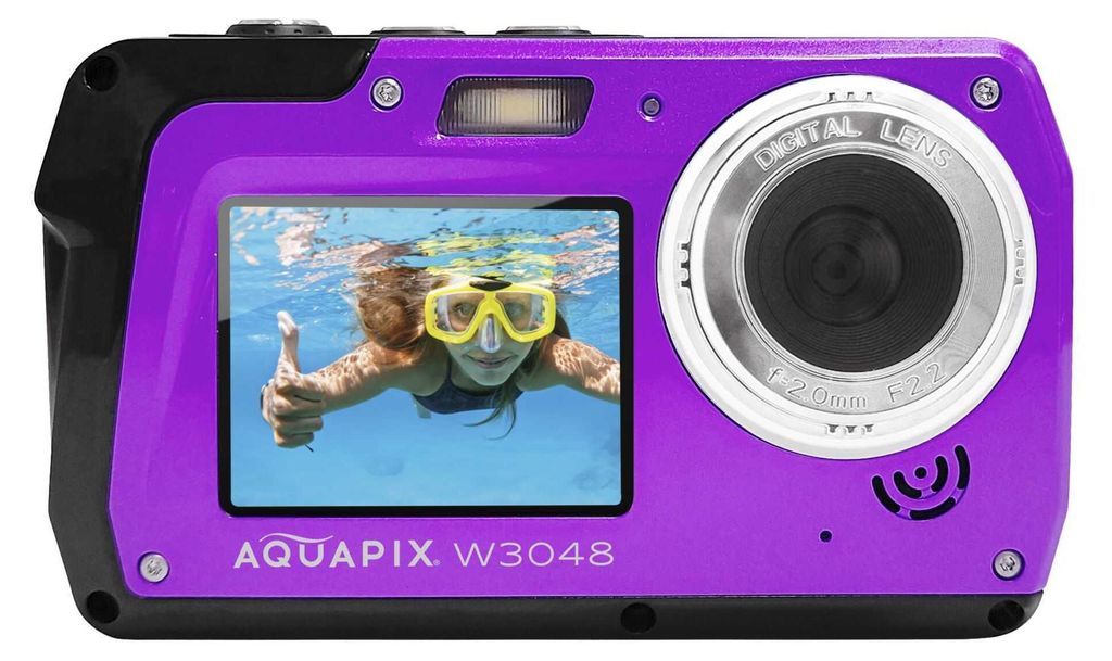 A purple digital camera with a screen displaying a girl snorkeling.