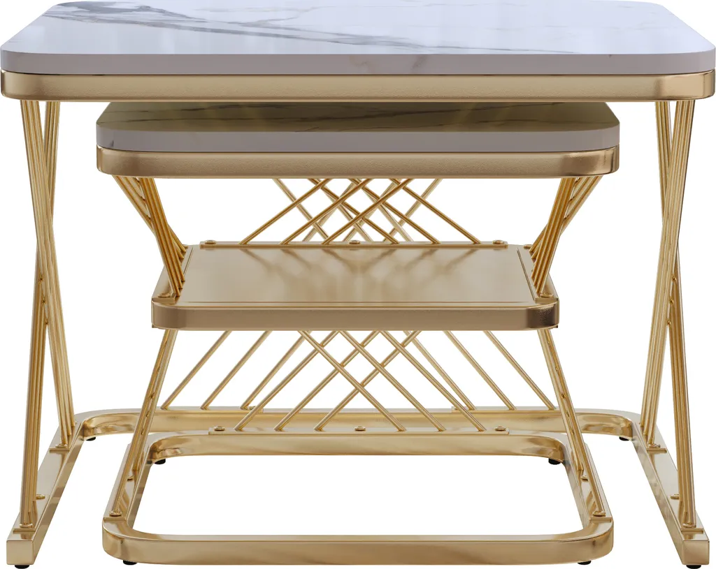 Table Basse Moderne Dorée et Marbre avec Rangement - Structure Métal