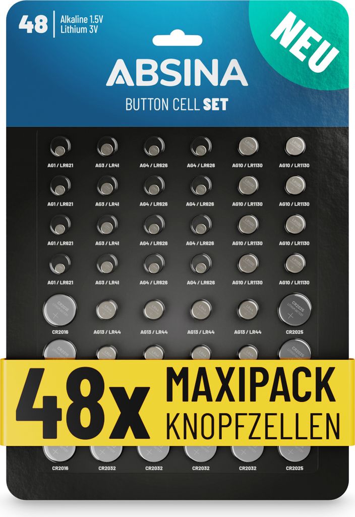 ABSINA 48er Pack Alkaline & Lithium Knopfzellen - AG1 AG3 AG4 AG10 AG13 CR2016 CR2025 CR2032 - Knopfzelle Sortiment 1,5V & 3V