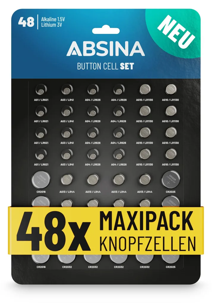 ABSINA Pack 48 Piles Bouton AG1 AG3 AG4 AG10 AG13 CR2016 CR2025 CR2032