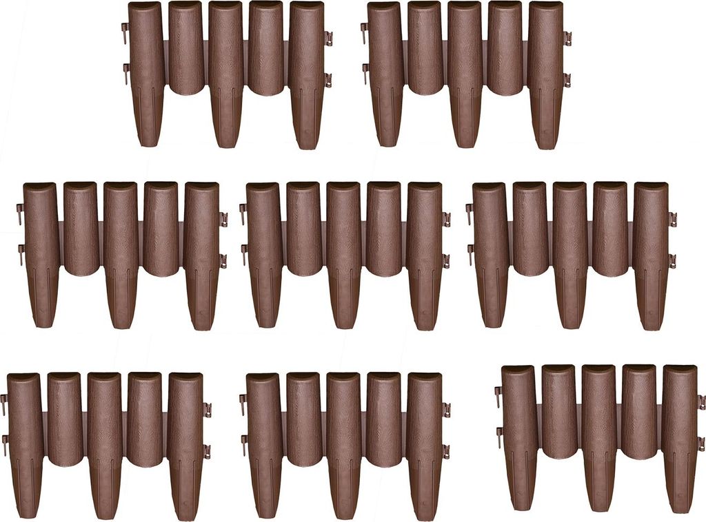 Multiple rows of brown garden edging pieces arranged on a white background.
