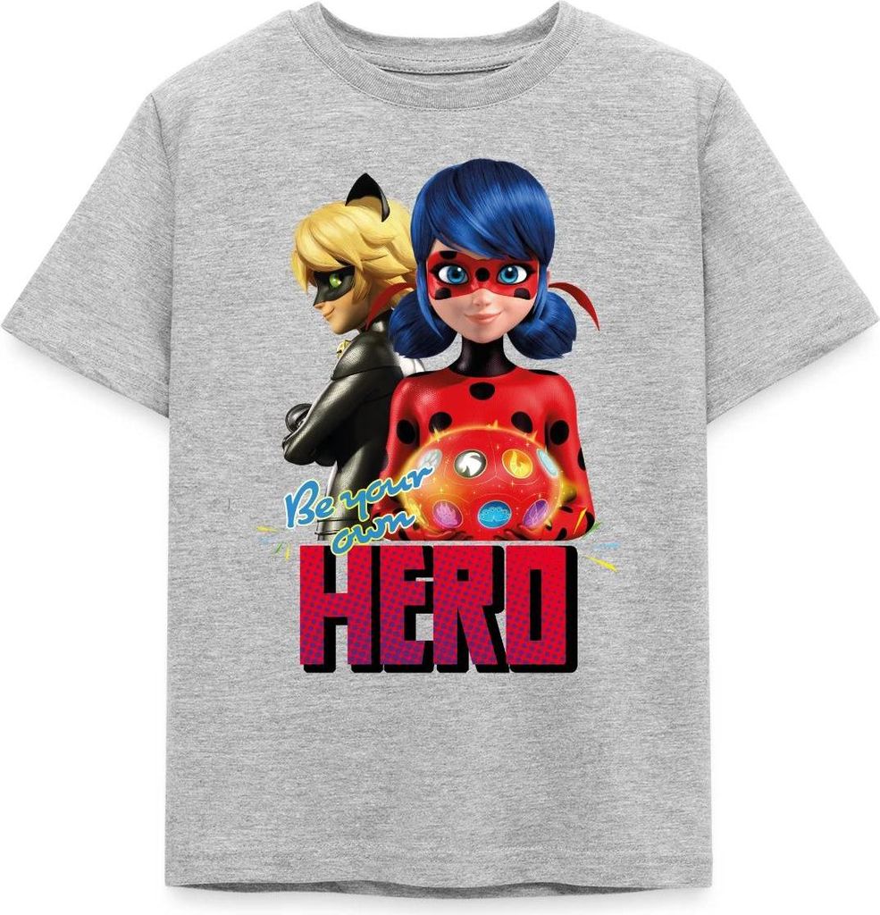Spreadshirt Miraculous Be Your Own Hero Kinder T-Shirt, 110/116 (5-6 Jahre), Grau meliert