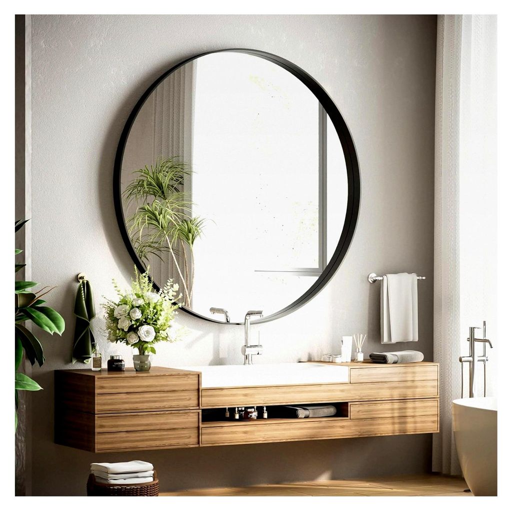 Runder Spiegel 120 cm, Schwarz mit tiefem Rahmen, Wandspiegel für Badezimmer, Wohnzimmer und Eingangsbereich