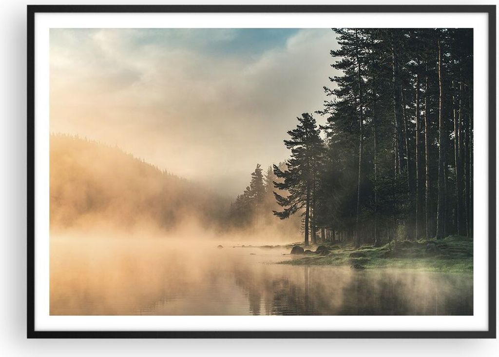 Gerahmtes Poster - Schwarzer Rahmen - Nebel See Wald - 100x70 cm - Wand Bild - Wanddeko - Wandbilder - Kunstposter - Wandposter - Bilderrahmen - Bi...