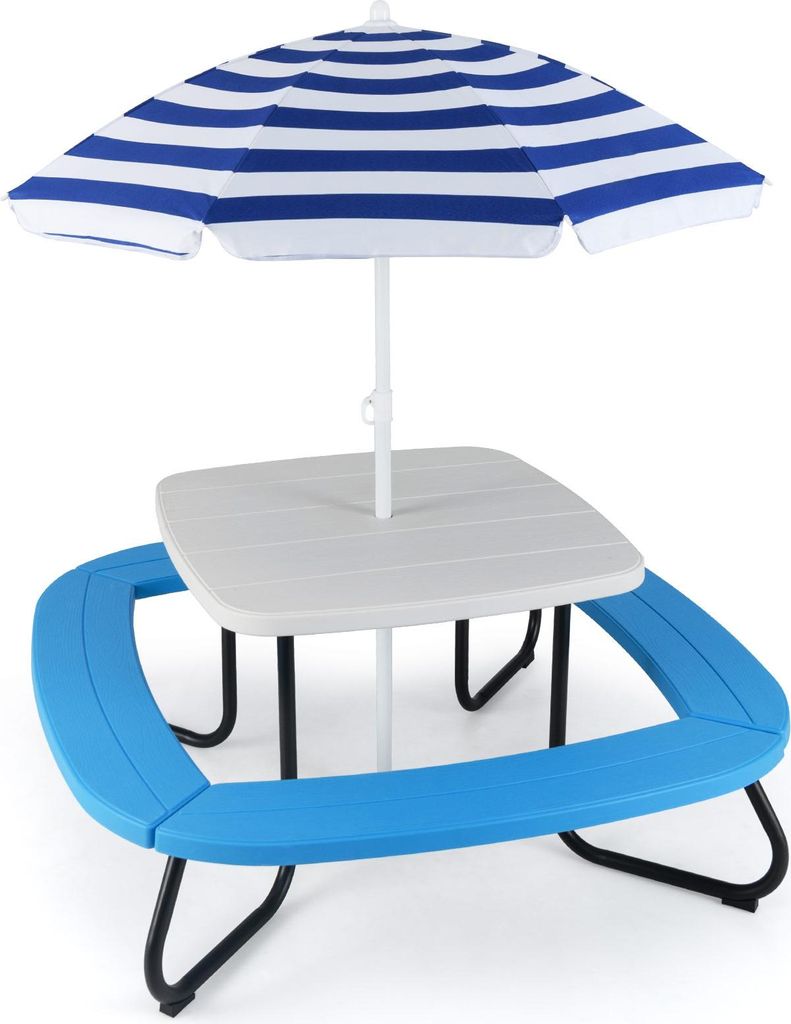 DREAMADE Picknicktisch für Kinder mit höhenverstellbarem Sonnenschirm, Outdoor-Tisch aus HDPE mit 4 Bänken für 8 Kinder & stabilem Metallrahmen...