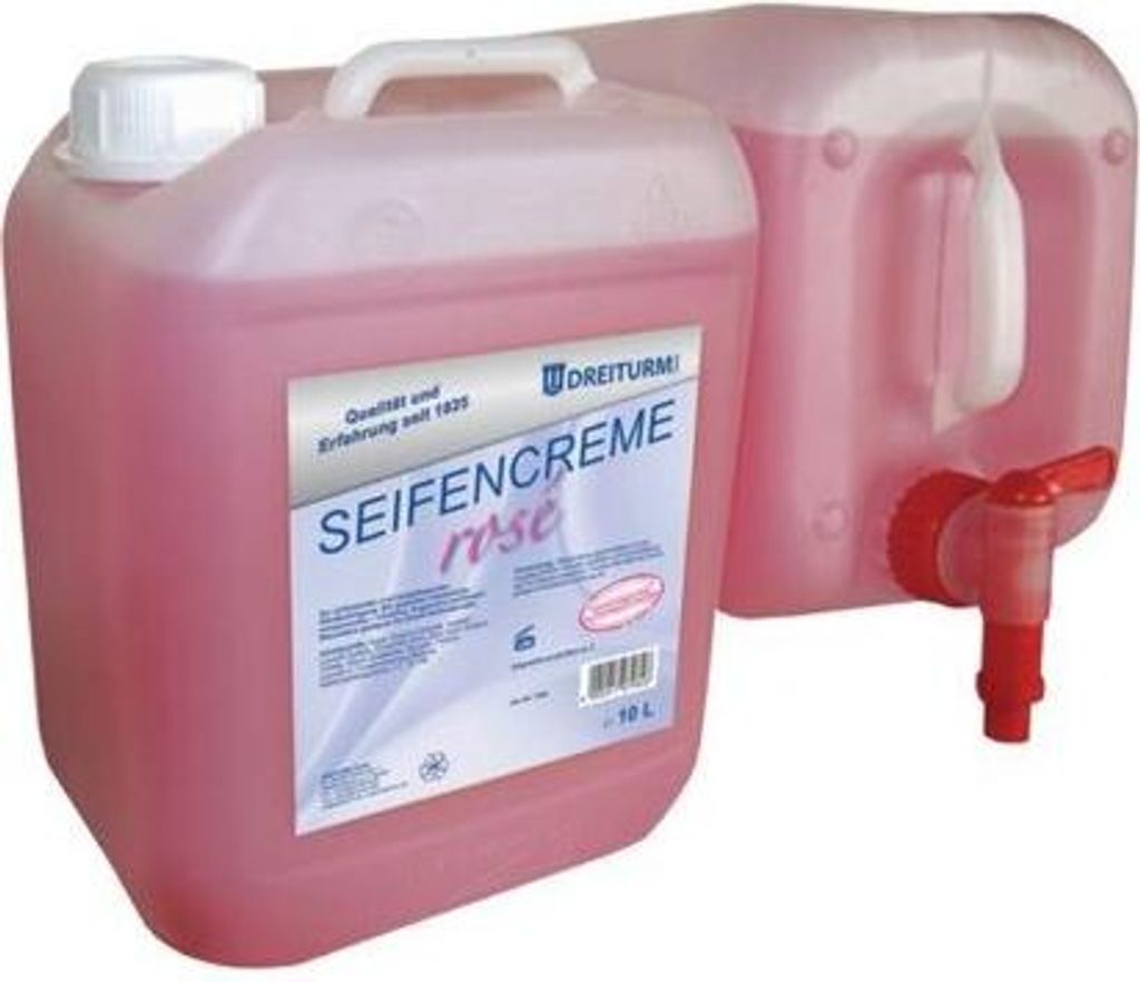 Two large pink plastic containers of liquid soap, one with a tap.