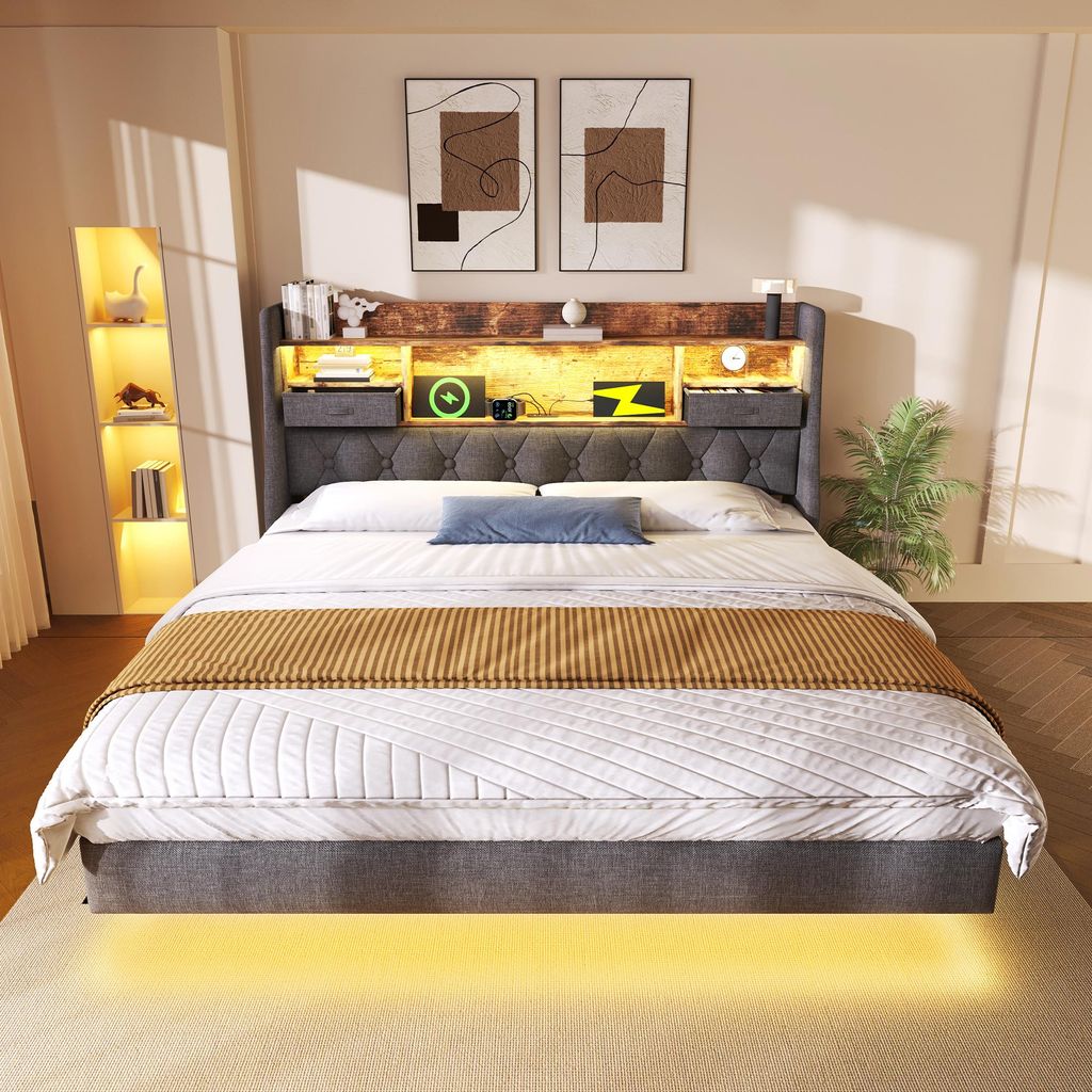 Letto matrimoniale imbottito 160x200 cm con illuminazione Immagine del prodotto 