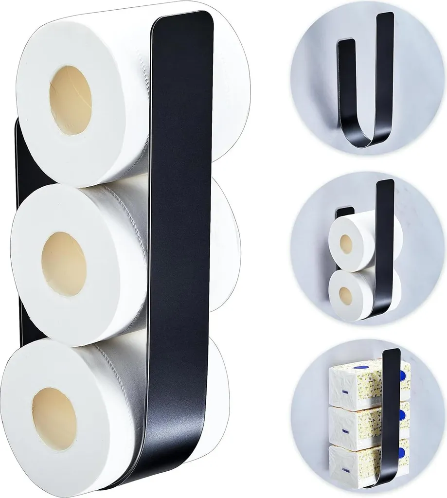 Rangement papier toilette noir métal sans perçage - Set de 3 porte-réserve