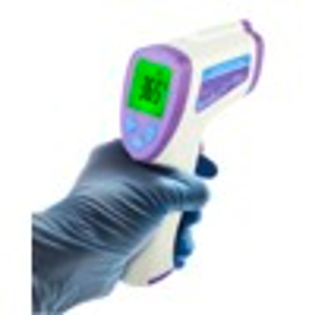 A hand wearing a blue glove holds a white and purple digital infrared thermometer with a green display showing '36.5'.