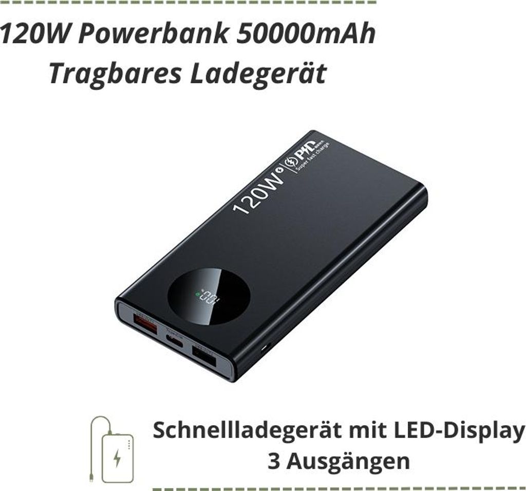 120W Powerbank 50000mAh - Schwarz - Schnellladegerät mit Produktbild 