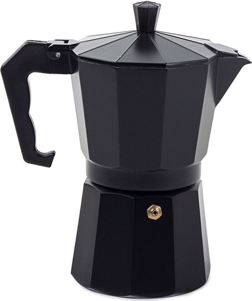 A black moka pot sits on a white background.