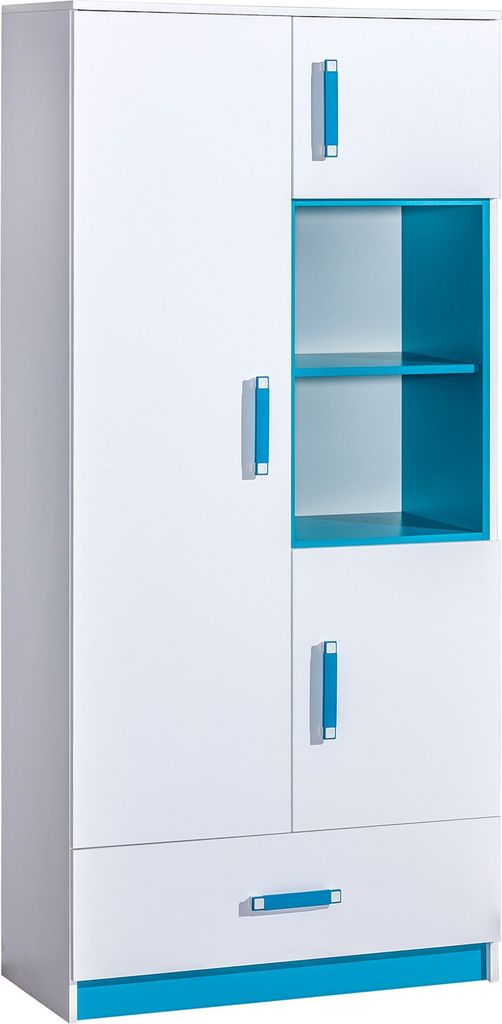 Furniture24 Schrank TRAFIKO 03, Hochschrank mit 3 Türen und Schublade für Jugendzimmer, Kinderzimmer Weiß/Türkis