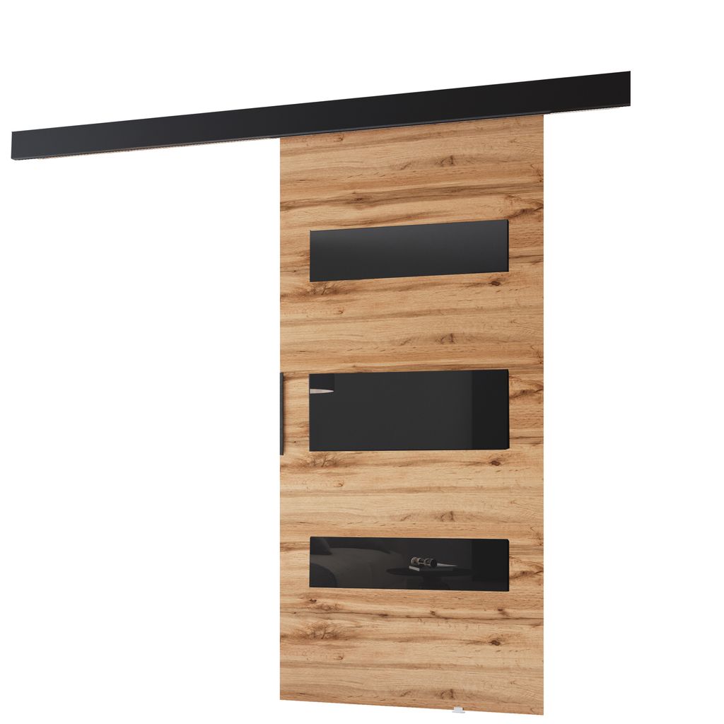 MINIO go for it, Schiebetür "PRIM D", Zimmertür, mit schwarzen Dekorelementen, schwarzer Griff, 96 cm, Wotan Eiche / Schwarze Farbe