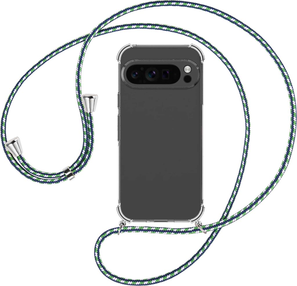 Handykette Backcover-Schutzhülle mit Band (Metall silberfarben) für Google Pixel 9 Pro XL (6.8'') - grün/blau/weiß