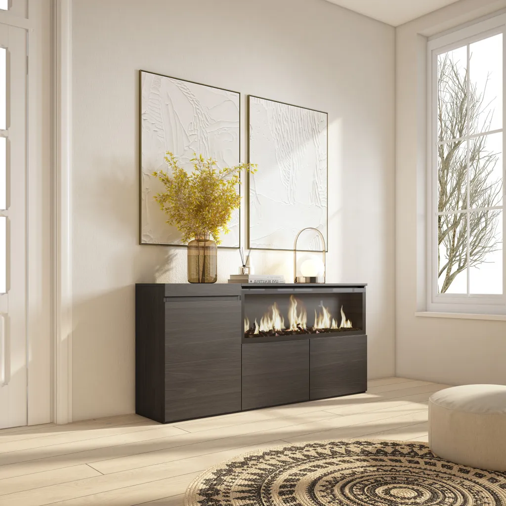 Buffet Rangement Salon 158cm Noir et Cheminée Électrique pour Ambiance