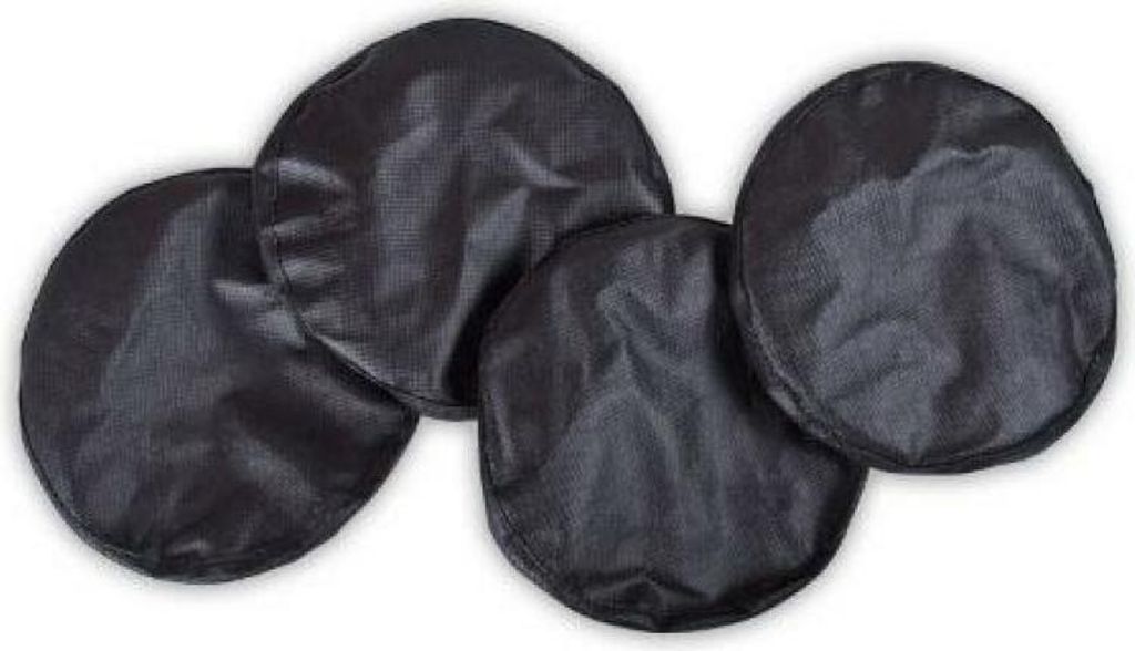 Four black, circular covers arranged on a white background.