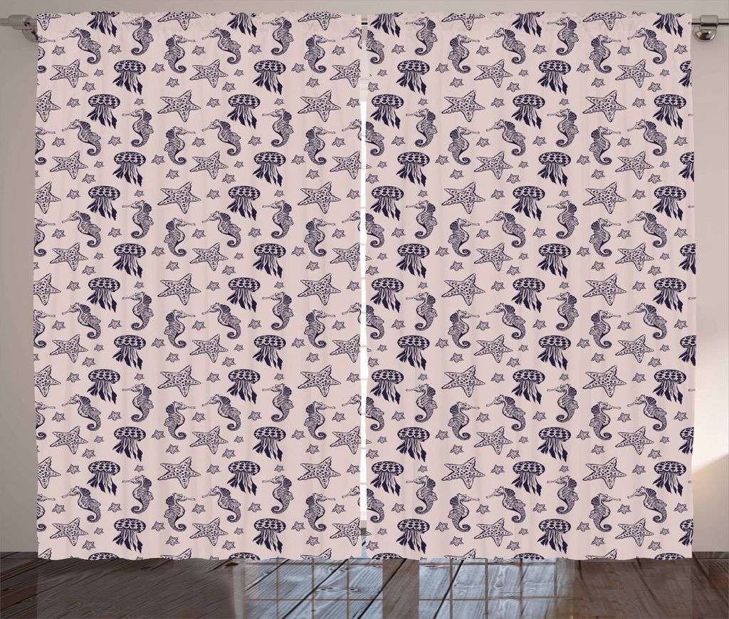 ABAKUHAUS Seahorse Rustikaler Vorhang, kontinuierliche Muster, Wohnzimmer Universalband Gardinen mit Schlaufen und Haken, 280 x 175 cm, Indigo und ...