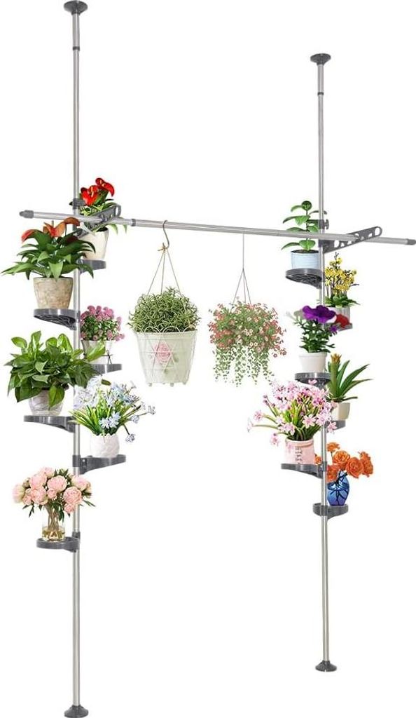 Ausziehbarer Pflanzenständer mit doppelten Spannungsstangen, metallenen Blumenanzeigeständern - 12 Schubladen, 2 Arme und 1 hängende Stange