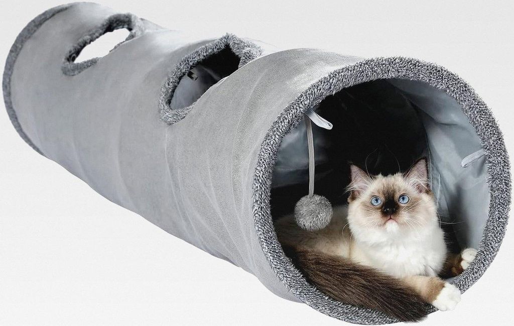 Schön Faltbar Katzentunnel Katzenspielzeug mit Ball, Rascheltunnel, Spieltunnel für Katzen, 130cm x 30cm, Kaninchen Spielzeug, Grau Tunnel für W...