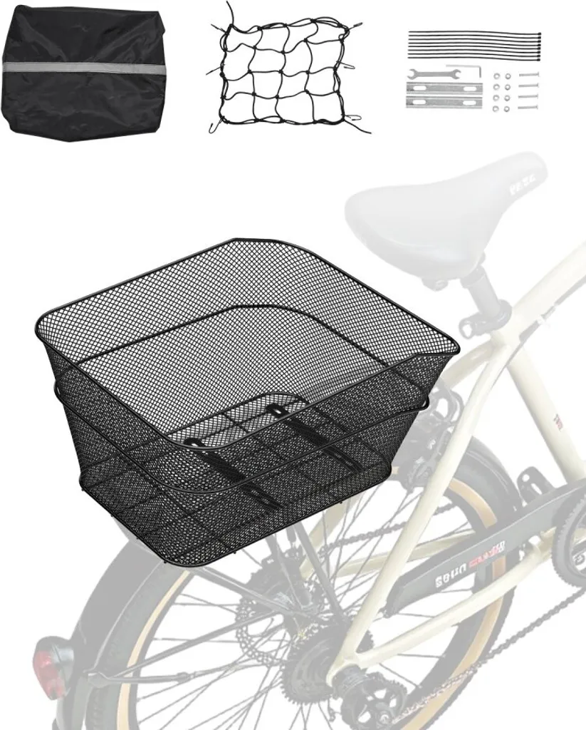 Panier porte-bagages arrière vélo noir métallique avec protection pluie