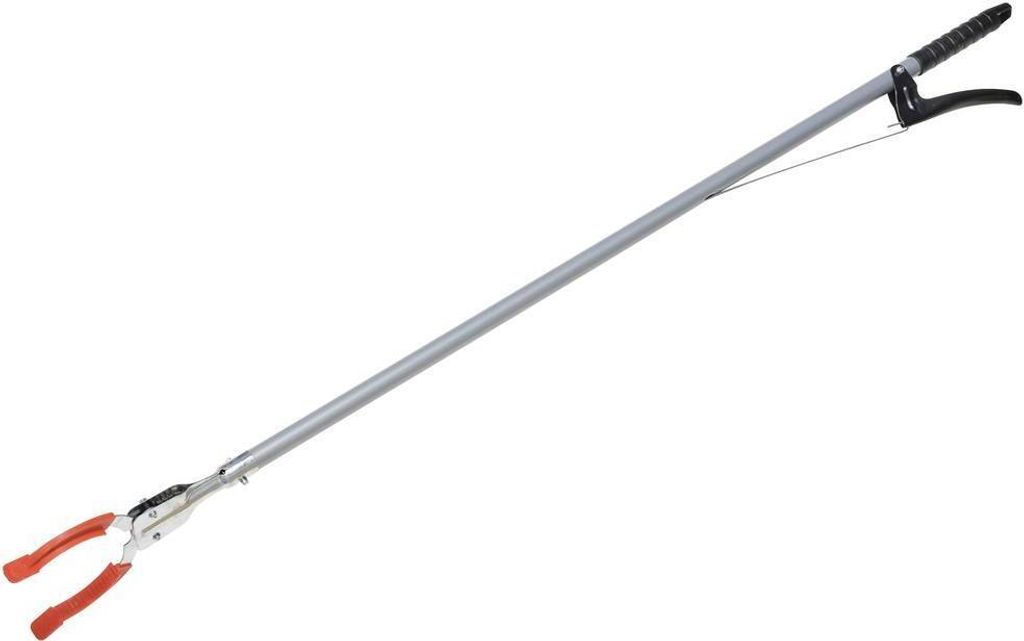 A long grabber tool with orange jaws and a black handle is shown against a white background.
