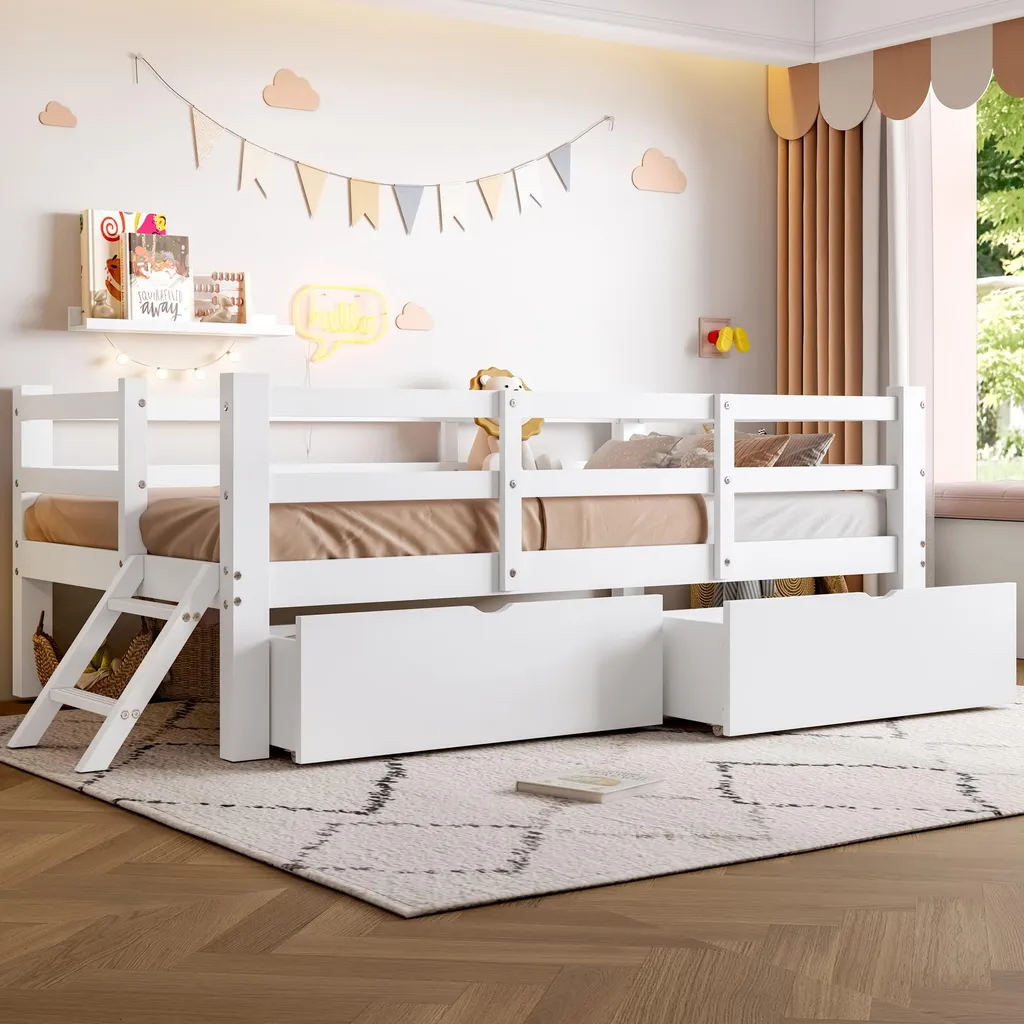 Merax lit d'enfant 90x200cm en pin blanc avec tiroirs et garde-corps