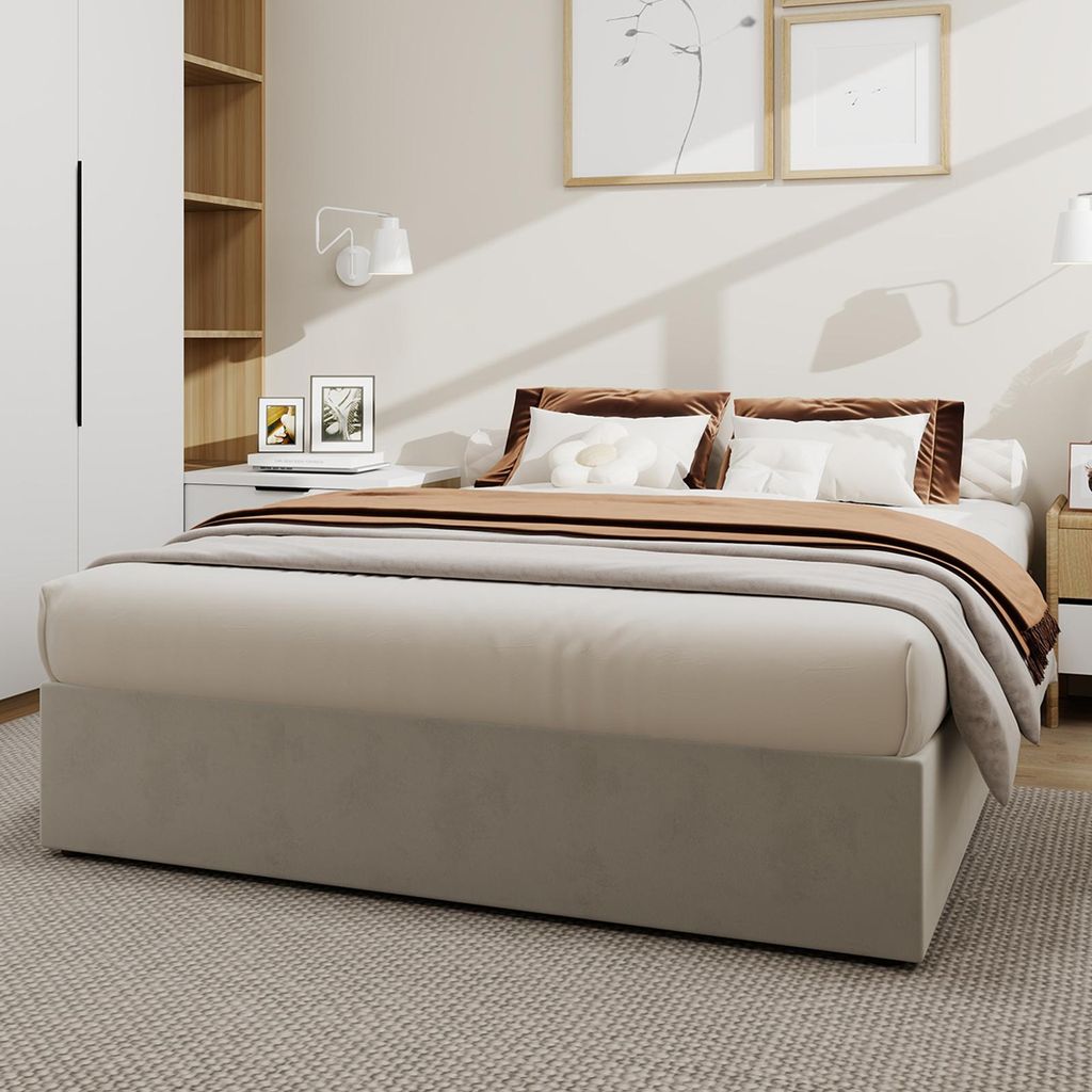 Sweiko Modern Minimalist Bed Frame, 140x200 cm, Beige, Dutch Velvet Material, Equipped with Gas Lift Pistons, Modern Style Bedroom Furniture, Exclu...