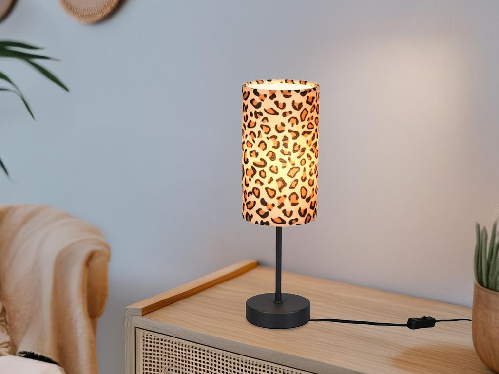 Ausgefallene LED Tischlampe Stoffschirm Leopardenmuster Jugendzimmer, H: 36,5cm