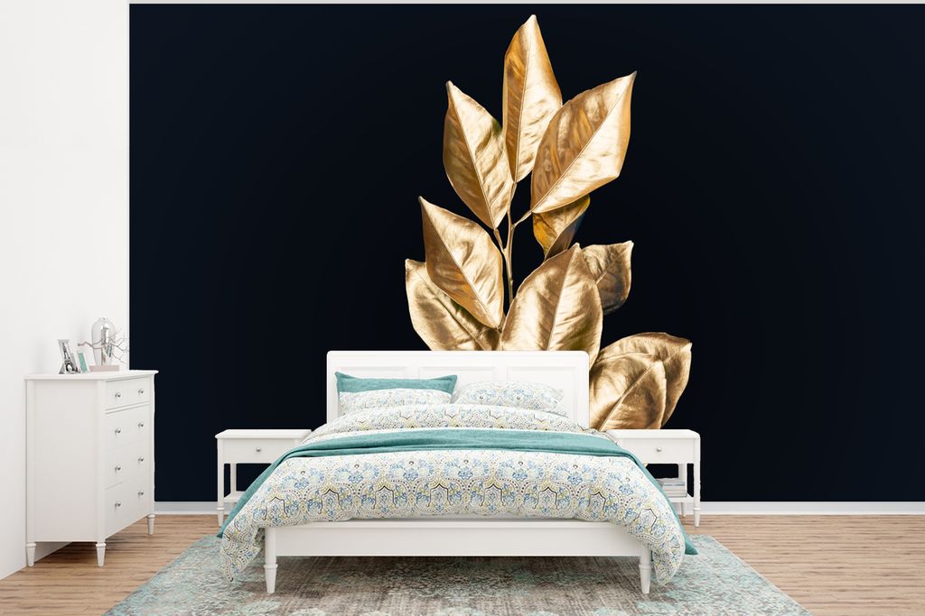 MuchoWow Fototapete für Wohnzimmer oder Schlafzimmer Wandtapete Vinyl Motivtapete Pflanze - Blätter - Gold - Schwarz - Luxus - 295x220 cm - Wan...