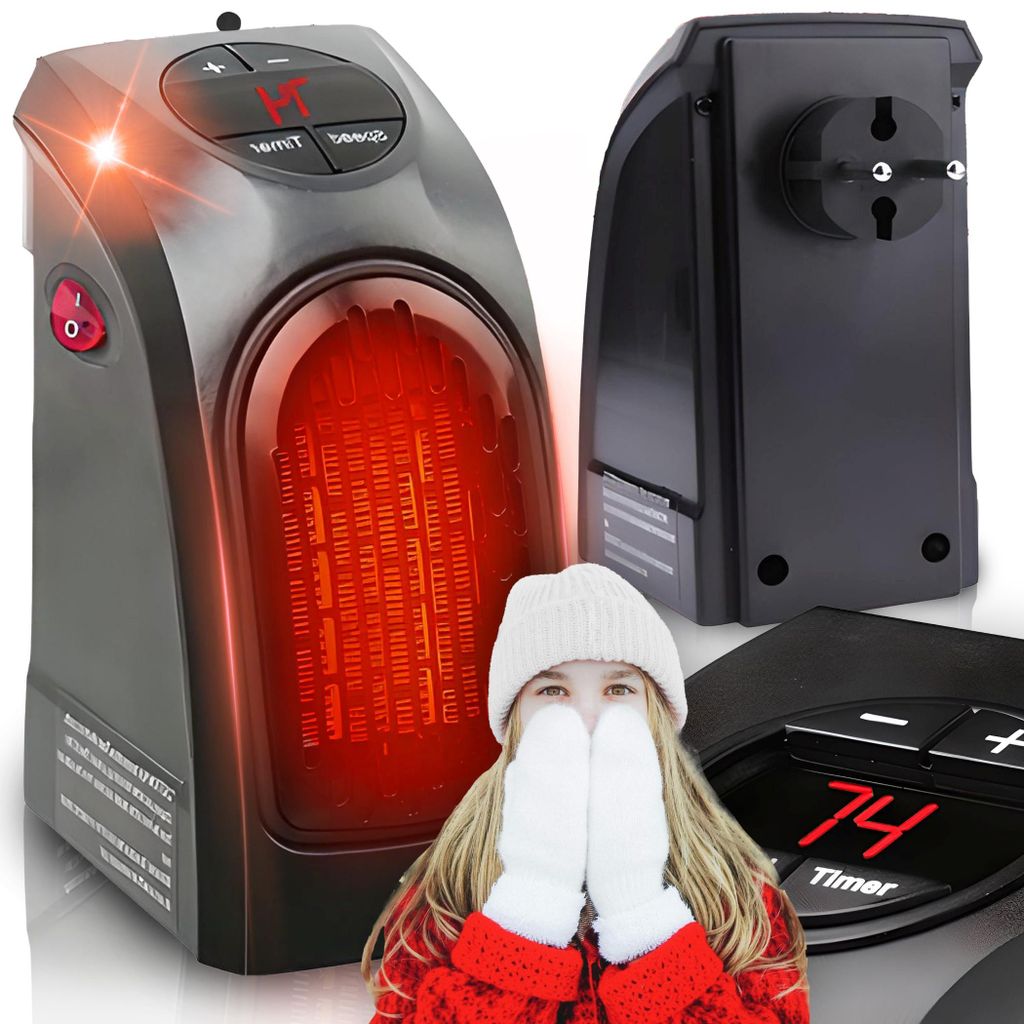 A collage of a plug-in heater, its back, and a child covering their face with mittens.