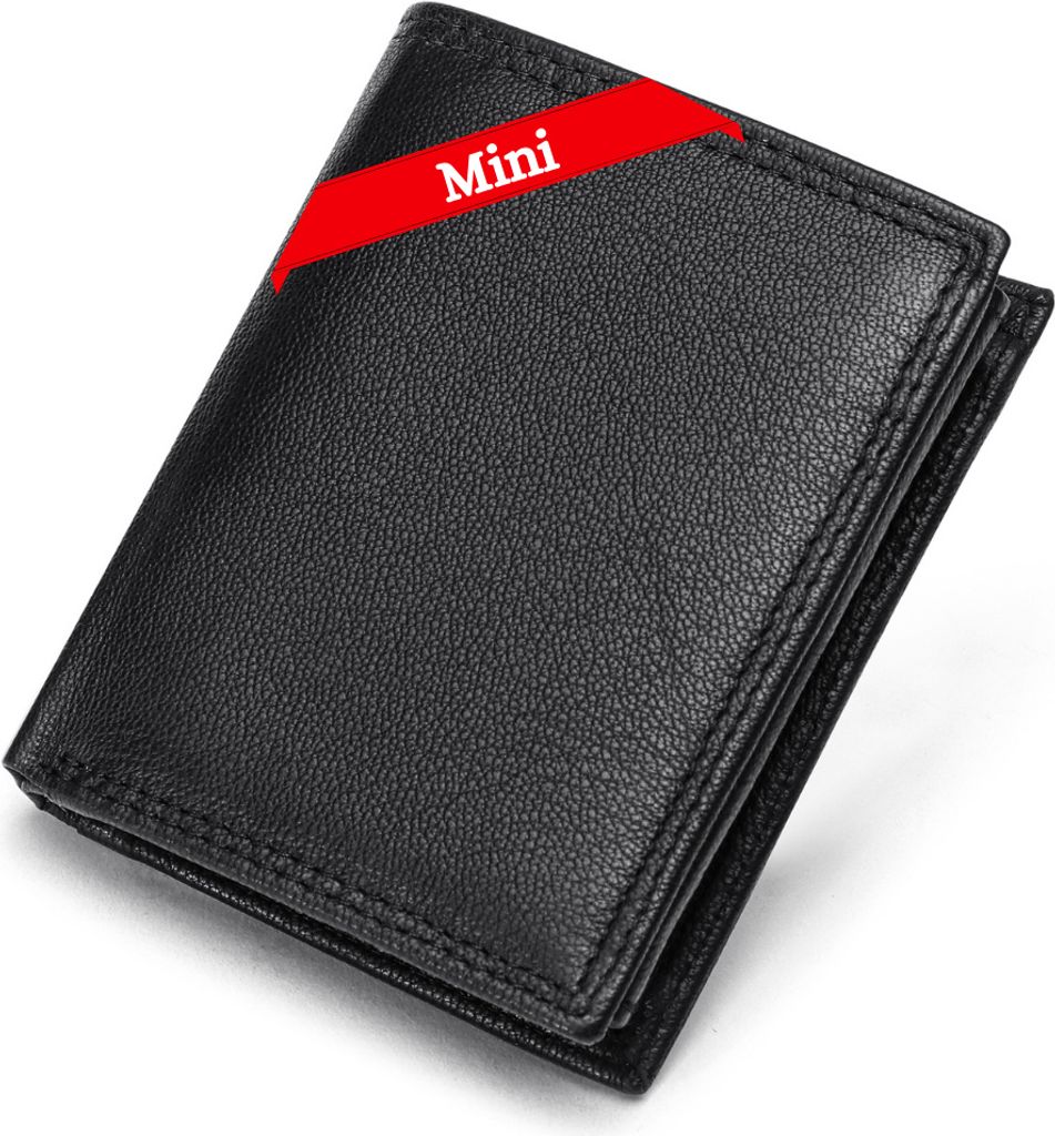 A black leather wallet with a red stripe and the word "Mini" on it, presented on a white background.