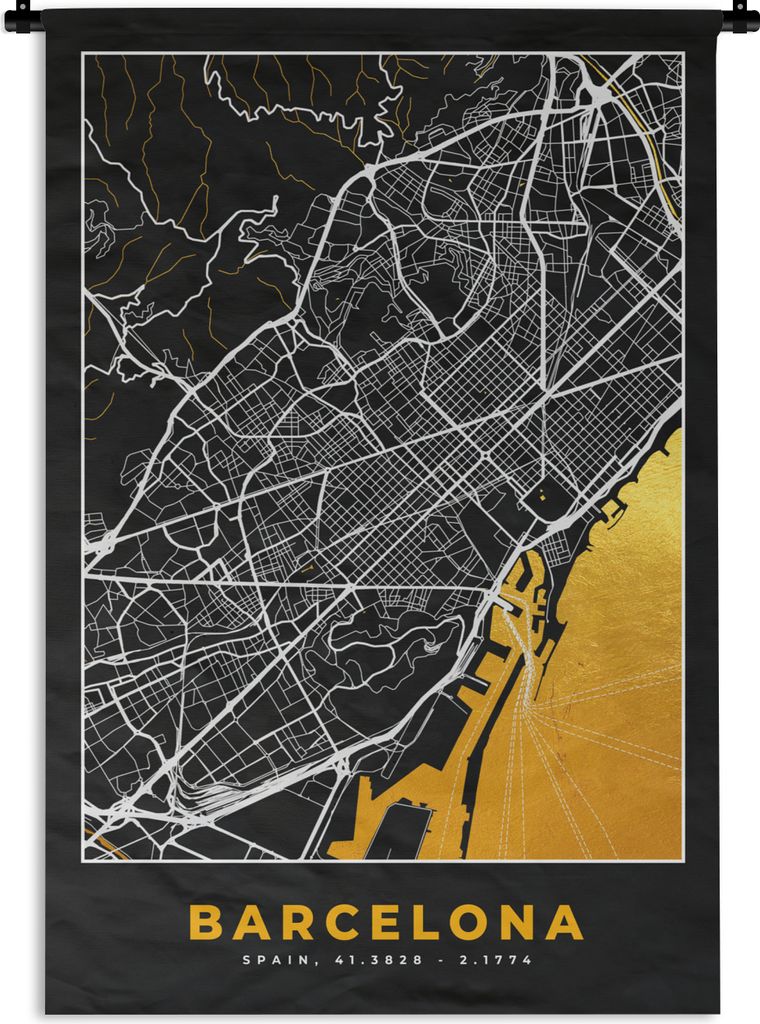 MuchoWow Wandteppich Wandbehang Barcelona - Stadtplan - Gold - Karte 60x90 cm Tapisserie Dekoration Wandtuch - Foto-Teppich - Abwaschbar