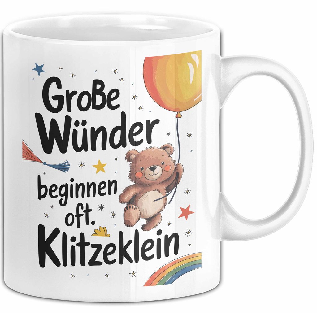 Baby Geburt Neue Eltern Tasse Geschenk Lustige Geschenkidee Spruch Große Wunder Beginnen Oft Klitzeklein (Weiß)