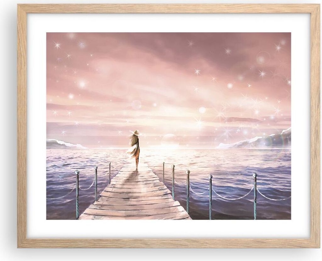 Gerahmtes Poster - Rahmen in heller Eiche - Brücke Frau die Sterne - 50x40 cm - Wand Bild - Wanddeko - Wandbilder - Wandposter - Bilderrahmen - Bi...