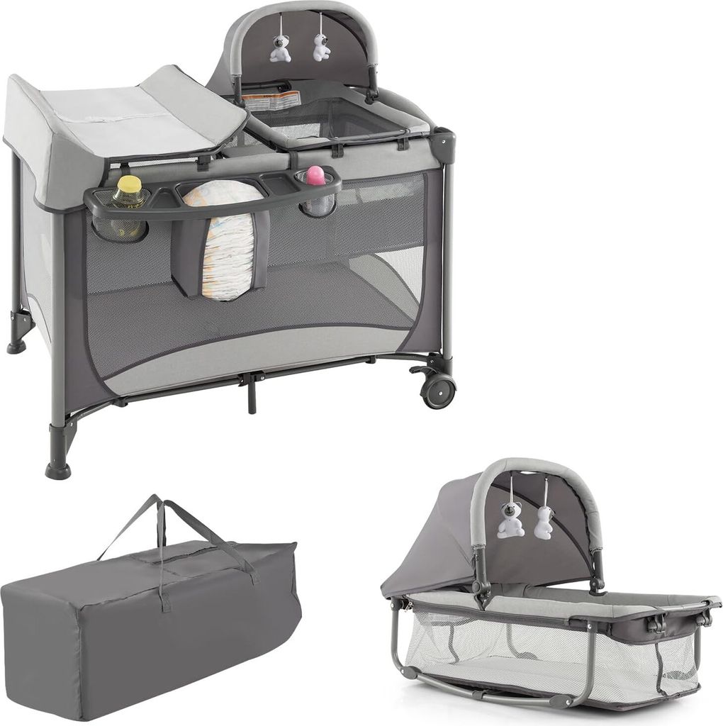 A multi-part image showing a baby playpen with a changing table and bassinet attachment, a folded playpen in a carrying bag, and a detached bassinet with a canopy.